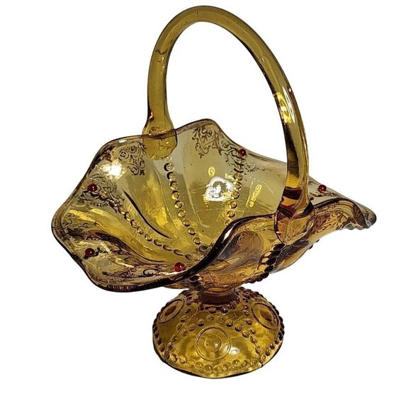 Depression Yellow Glass Circle Dot Design Red Jewels Gold Gilting Mid Century - Picture 1 of 12
